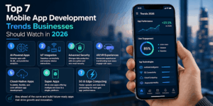 Banner image highlighting the top 7 mobile app development trends for 2026 including AI, biometrics, and connected devices.