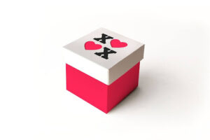 A white custom cube box featuring red heart icons and black X marks on top, set against a white background.