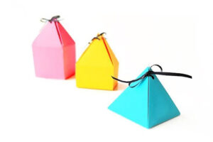 Modern pink custom pyramid packaging box with ribbon closure